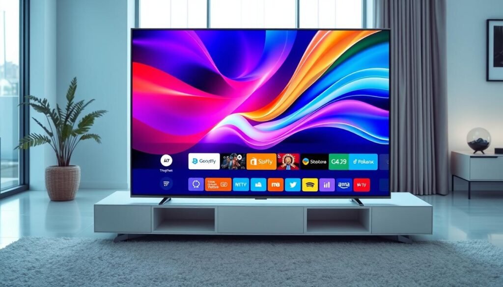 A modern, sleek television displaying a vibrant, dynamic flow of digital content. The screen shows a seamless interface with intuitive controls, app icons, and a minimalist design. The television is set against a softly lit, contemporary living room backdrop, with hints of natural light filtering in through large windows. The overall atmosphere conveys a sense of simplicity, ease of use, and the pleasure of effortlessly accessing a wide range of online entertainment.